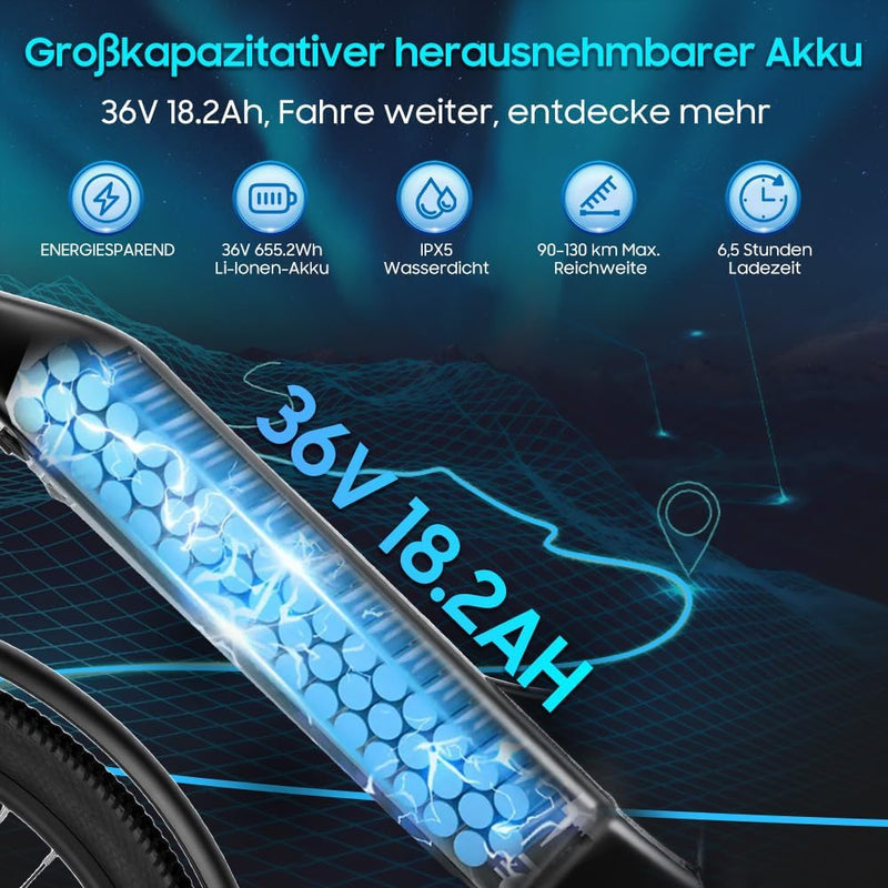 26T1 Elektrofahrrad 26 Zoll E-Bike, 36V 18.2Ah Akku herausnehmbar, 250W Motor, LCD-Display, 7-Gang, Reichweite 90-130 km, 25 km/h, IPX5 wasserdicht für Erwachsene