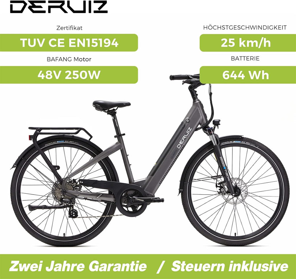 DERUIZ E-Bike 28 Zoll E Bike Damen Elektrofahrrad Herren Pedelec Citybike, 250W/48V/13,4AH 40N.m BAFANG Motor, Trekking Ebike Cityrad für Damen, 25km/h, QUARTZ Grey