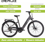DERUIZ E-Bike 28 Zoll E Bike Damen Elektrofahrrad Herren Pedelec Citybike, 250W/48V/13,4AH 40N.m BAFANG Motor, Trekking Ebike Cityrad für Damen, 25km/h, QUARTZ Grey