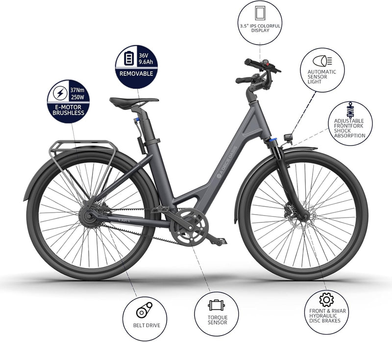 ADO E-Bike Air 28 Elektrofahrrad,Electric Bikes Pedelec Riemenantrieb,e Bike 28 Zoll,Momenten-Sensor, 1 Gang, Heckmotor, 345,00 Wh Akku, ebike Damen/Herren,Gepäckträger,Lampe
